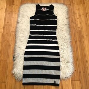 Superdry Black White Grey Stripes Bodycon Stretchy Sleeveless Midi Dress size 6